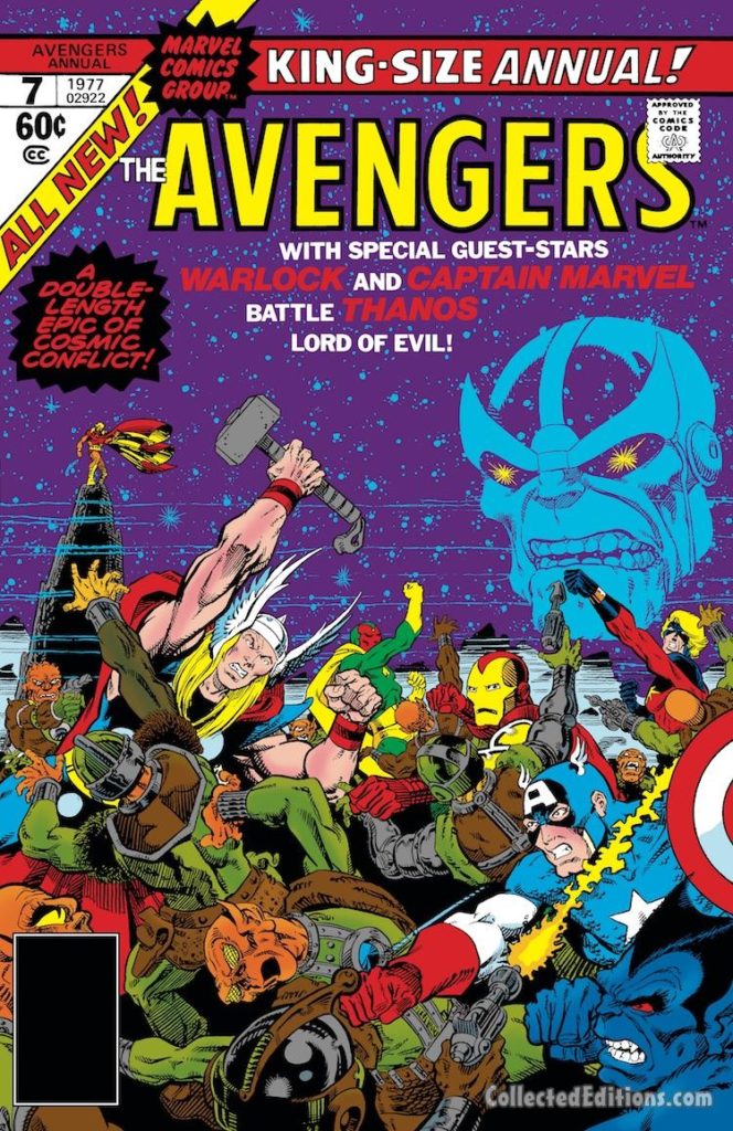 Avengers Annual #7 cover; pencils and inks, Jim Starlin; Thanos, Thor, Captain America, Iron Man, The Vision
