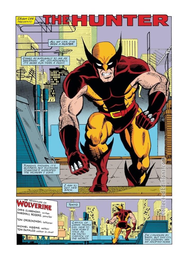 Best of Marvel Comics HC. Wolverine in “The Hunter”, pg. 1. Pencils, Marshall Rogers; inks, Randy Emberlin