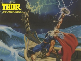 Bizarre Adventures #32 cover; painted art by Joe Jusko; Thor and other gods, Marvel Magazine Group, black-and-white, painted cover