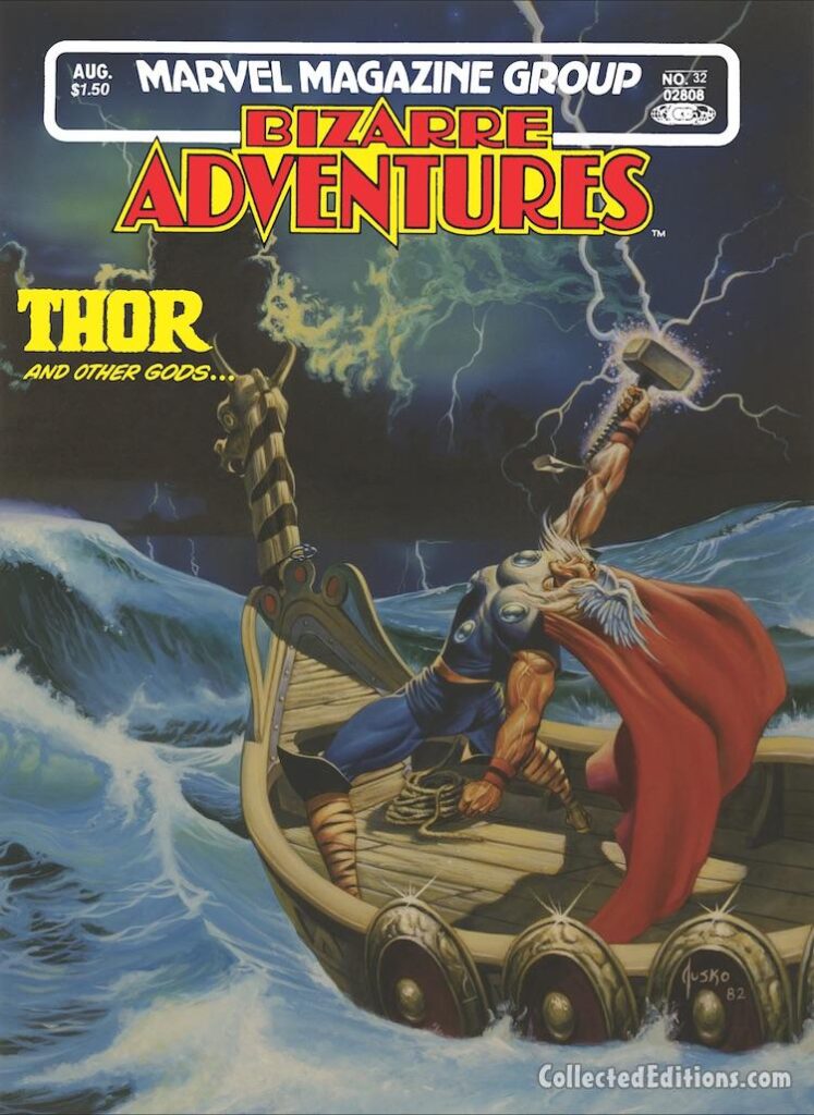 Bizarre Adventures #32 cover; painted art by Joe Jusko; Thor and other gods, Marvel Magazine Group, black-and-white, painted cover