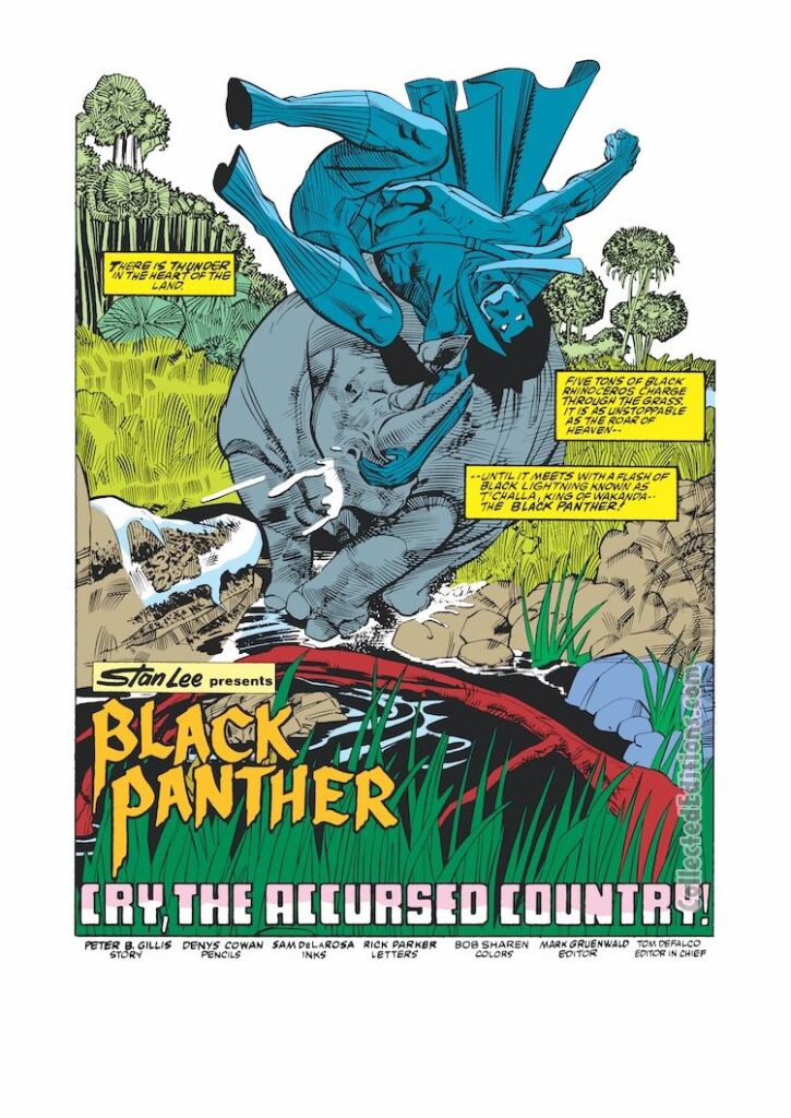 Black Panther #1, pg. 1; pencils, Denys Cowan; inks, Sam DeLarosa; Panther Spirit, Wakanda, rhinoceros, jungle fight, Peter B. Gillis, limited series, cry the accursed country