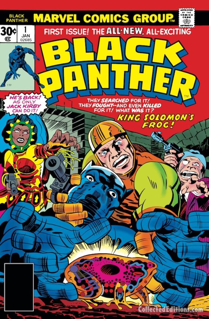 Black Panther #1, cover; pencils, Jack Kirby; inks, John Verpoorten; King Solomon's Frog, Princess Zanda, Mister Little