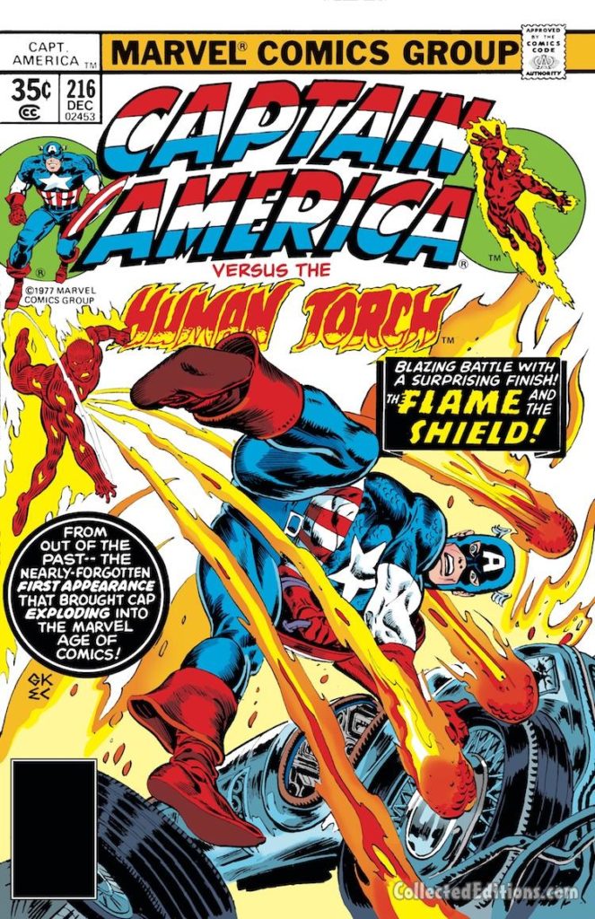 Captain America #216 cover; pencils, Gil Kane; The Human Torch/The Falcon