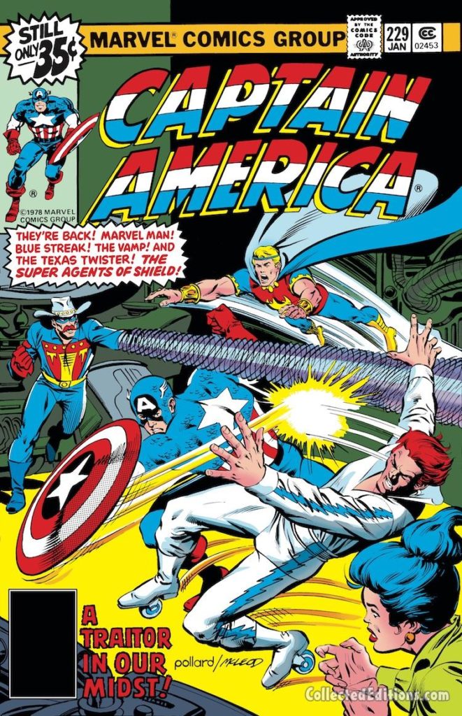 Captain America #229 cover; pencils, Keith Pollard; Quasar/Texas Twister/Marvel Man/Blue Streak/The Vamp/The Super Agents of SHIELD