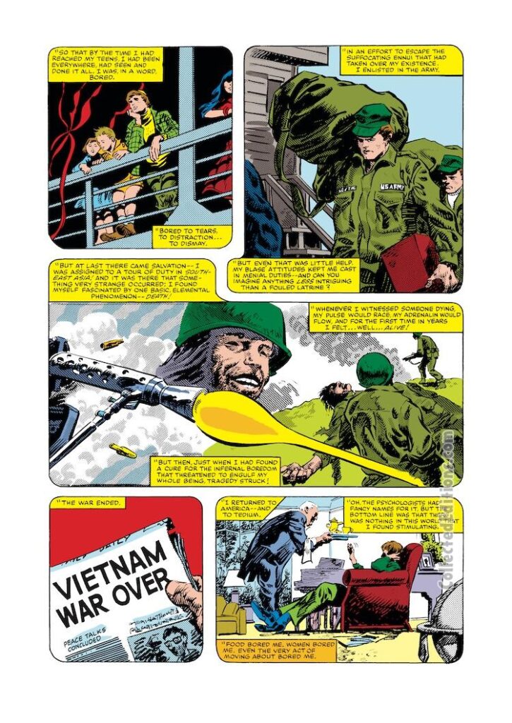 Captain America Annual #5, pg. 25; pencils, Gene Colan; inks, Dave Simons; Samuel Scythe, origin, Vietnam War, first appearance