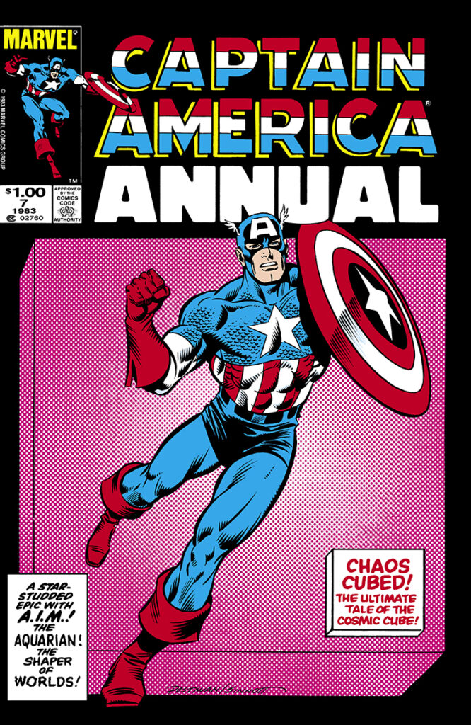 Captain America Annual #7 cover; pencils, Brian Postman; inks, Joe Sinnott; Chaos Cubed, ultimate tale of the cosmic cube