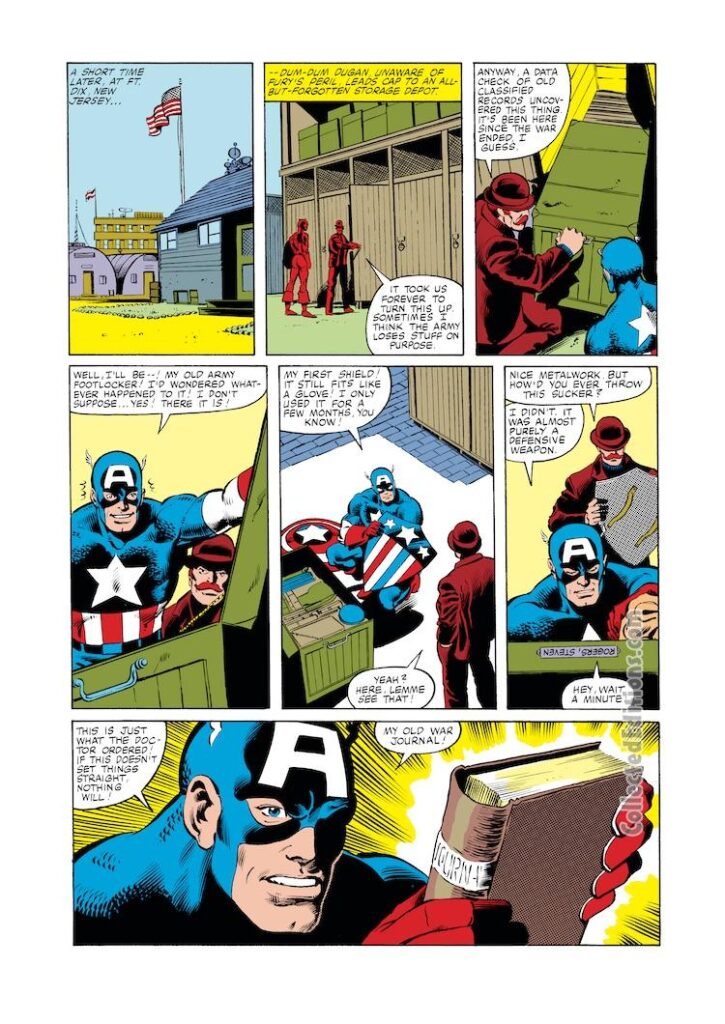 Captain America #247, pg. 9; pencils, John Byrne; inks, Joe Rubinstein; Dum Dum Dugan, shield, war journal, WWII