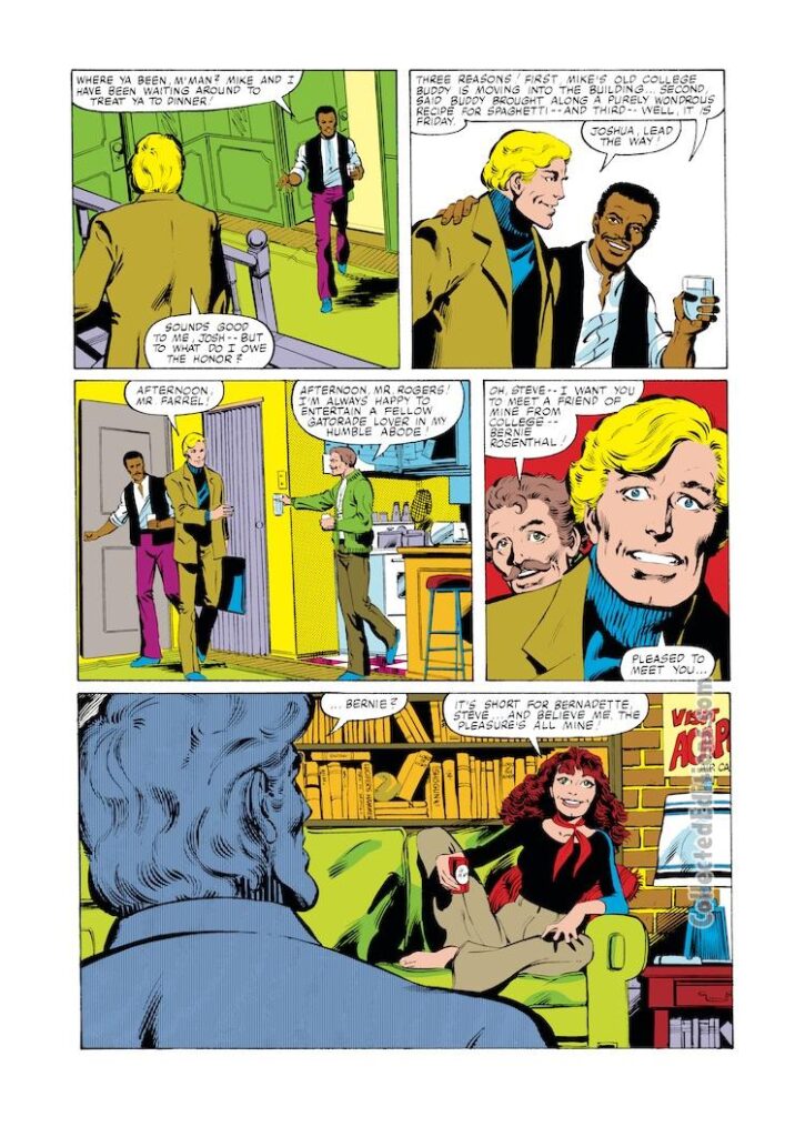 Captain America #248, pg. 8; pencils, John Byrne; inks, Joe Rubinstein; Joshua Josh Cooper, Mike Farrel, Bernie Rosenthal, Bernadette, first appearance, Steve Rogers girlfriend