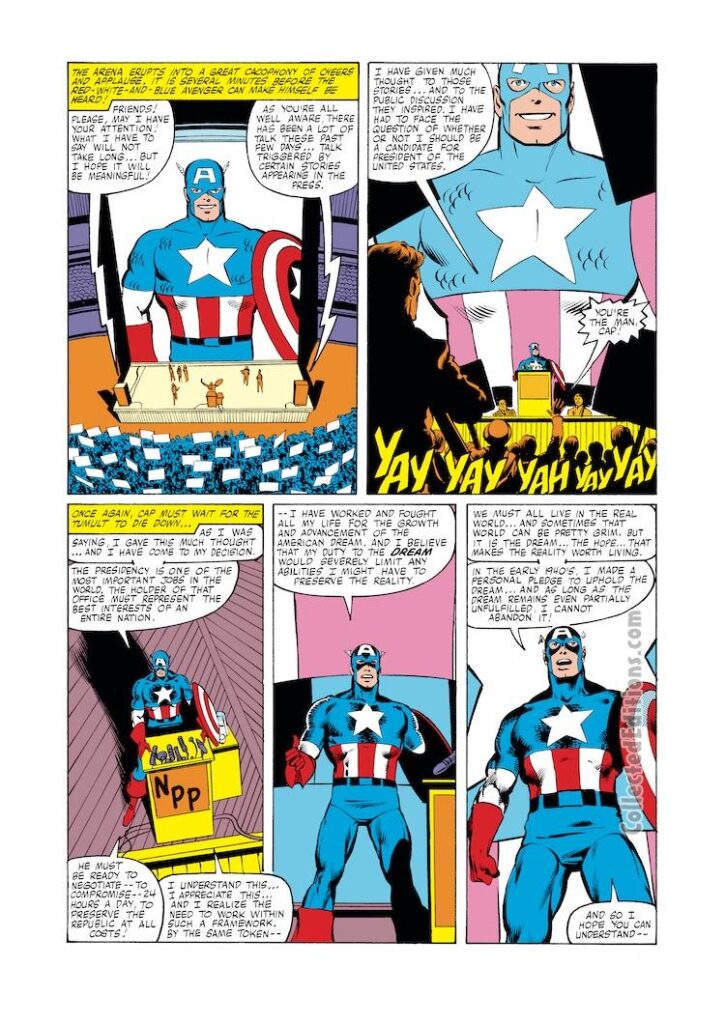 Captain America #250, pg. 16; layouts, John Byrne; pencils and inks, Joe Rubinstein; Steve Rogers runs for President of the United States, USA, speech