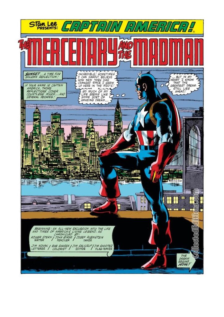 Captain America #251, pg. 1; pencils, John Byrne; inks, Joe Rubinstein; The Mercenary and the Madman, Roger Stern, writer, New York City, splash page, Manhattan