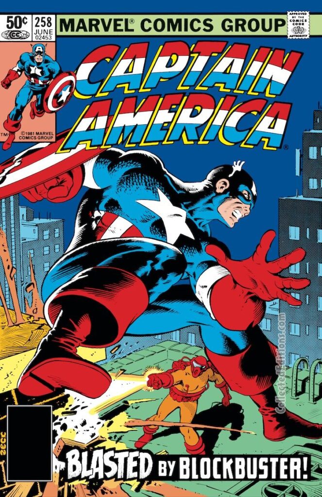 Captain America #258 cover; pencils and inks, Mike Zeck; Blasted by Blockbuster, Fredric Woolrich