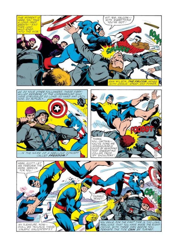 Captain America #264, pg. 11; pencils, Mike Zeck; inks, Frank McLaughlin; Falcon, Sam Wilson, X-Men, Beast, Cyclops