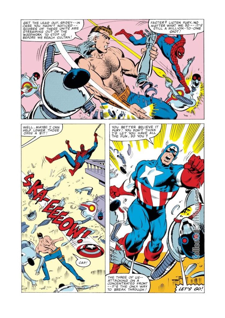Captain America #265, pg. 17; layouts, Mike Zeck; pencils and inks, John Beatty; Nick Fury, Spider-Man, Sultan, Biotin Constructs