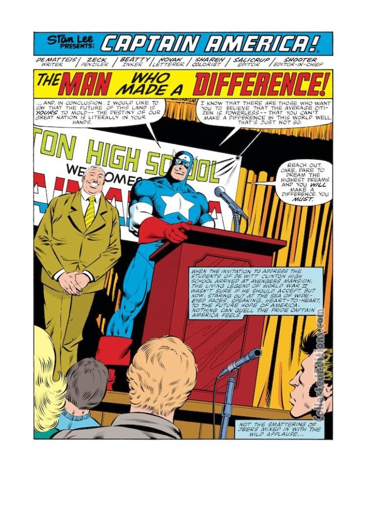 Captain America #267, pg. 1; pencils, Mike Zeck; inks, John Beatty; The Man Who Made a Difference, splash page, writer, JM Dematteis