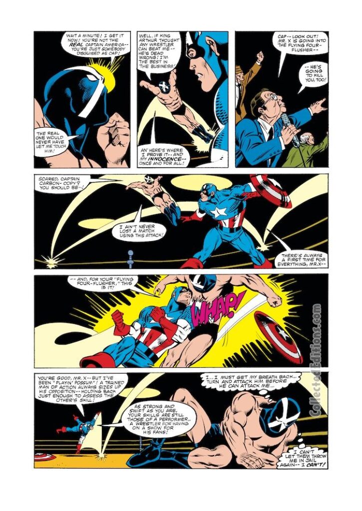 Captain America #271, pg. 13; pencils, Alan Kupperberg; inks, John Beatty; Mr. X, professional wrestling