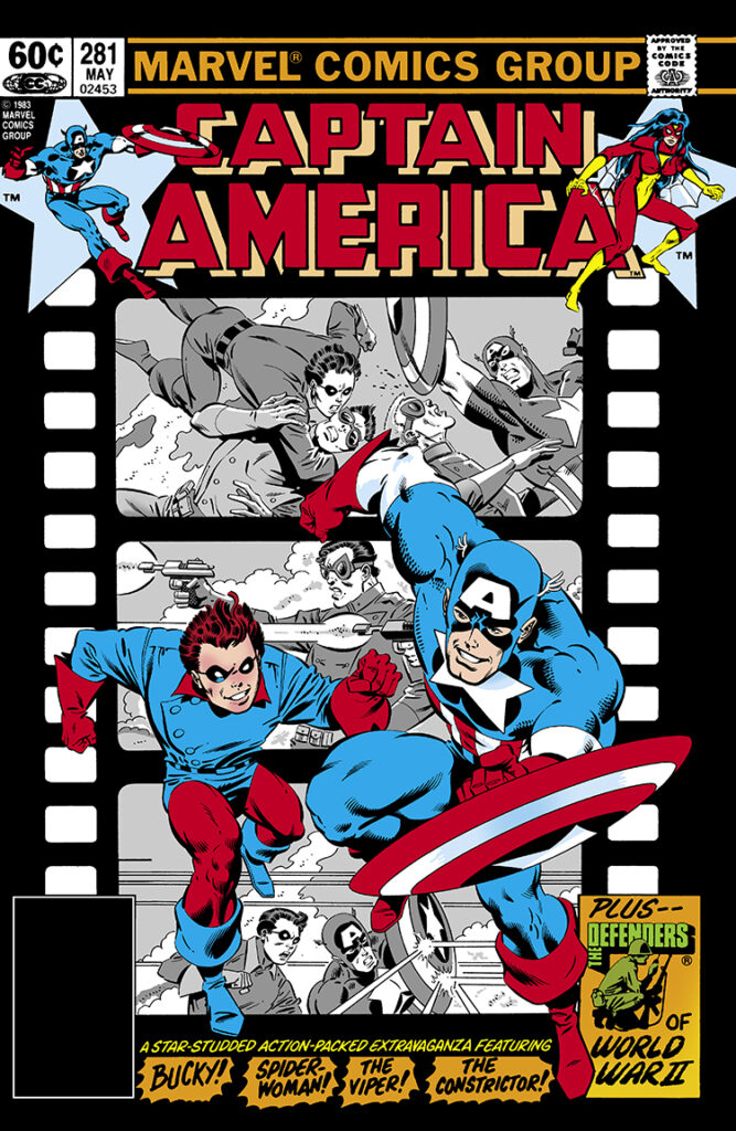 Captain America #281 cover; pencils, Mike Zeck; inks, John Beatty; Bucky, Spider-Woman, defenders of World War II, film newsreel