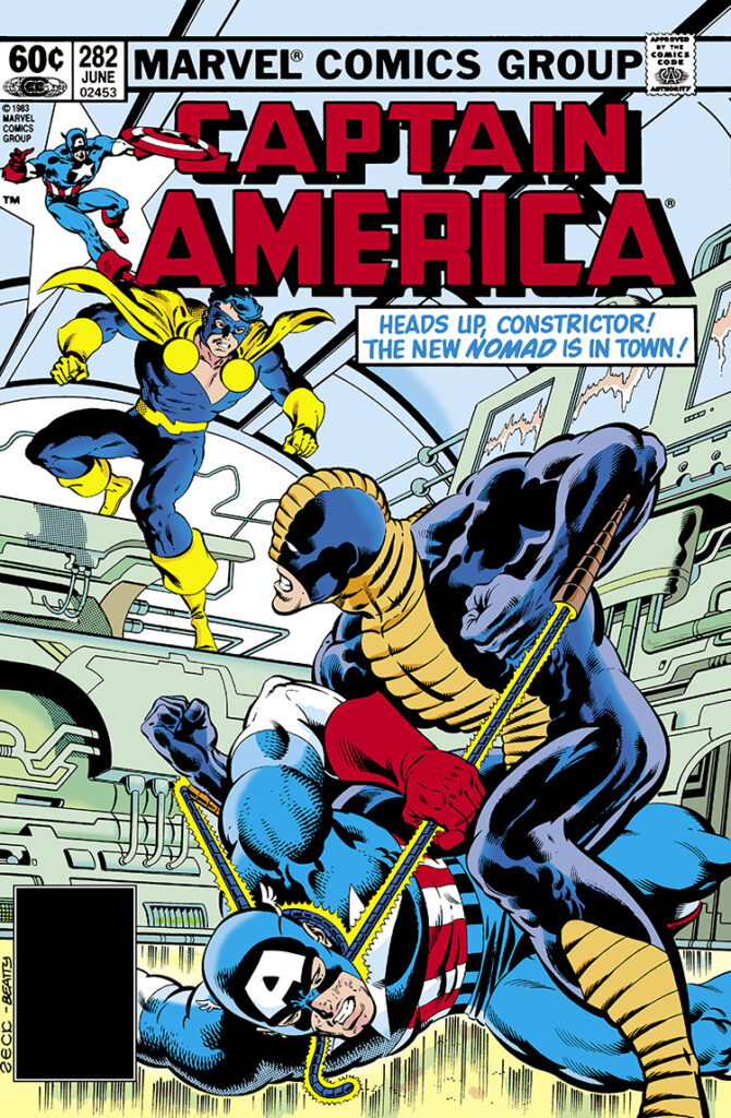 Captain America #282 cover; pencils, Mike Zeck; inks, John Beatty; Heads up Constrictor, New Nomad is in town