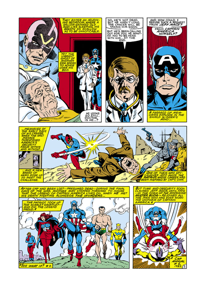 Captain America #285, pg. 5; layouts, Sal Buscema; pencils and inks, Kim DeMulder; Jeff Mace, Patriot, Miss America, flashback, Whizzer