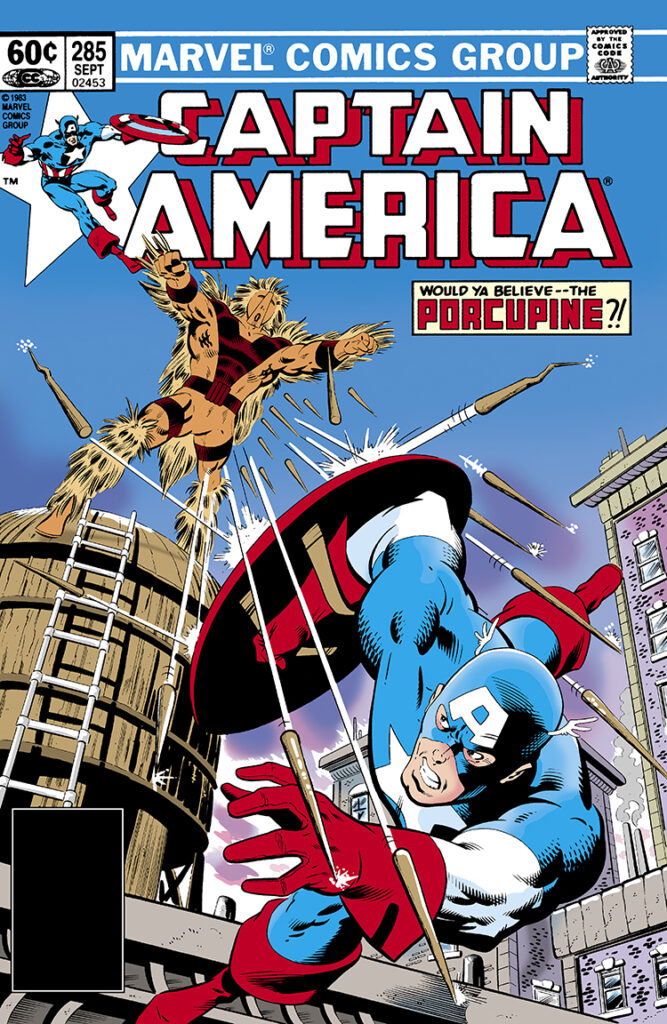 Captain America #285 cover; pencils, Mike Zeck; inks, John Beatty, would ya believe the Porcupine, water tower