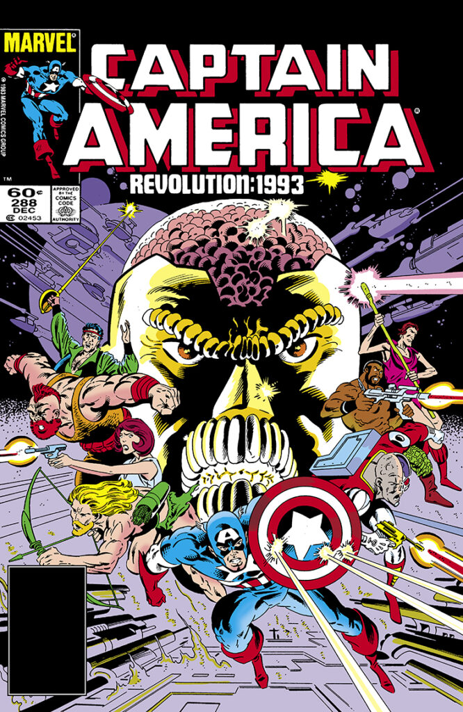 Captain America #288 cover; pencils, Mike Zeck; inks, John Beatty; Revolution 1993, Redeemers, Big Man, Gentle Sam, Iron Butterfly, Sage, Swashbuckler, Deathlok, Godwulf, Hellinger, Harlan Ryker