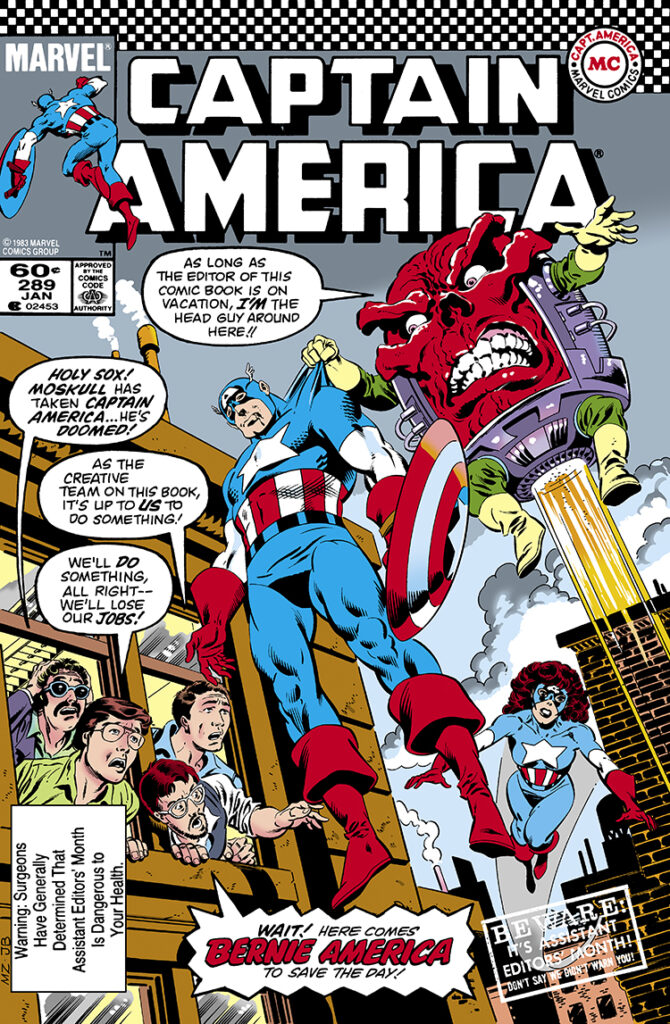 Captain America #289 cover; pencils, Mike Zeck; inks, John Beatty; MODOK, Bernie America, Bernie Rosenthal, Assistant Editor’s Month, Mo-Skull, J.M. DeMatteis, Mike Carlin, DC checkerboard/logo homage