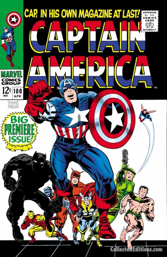Captain America #100 cover; pencils, Jack Kirby; inks, Joe Sinnott, Syd Shores; Black Panther, T'Challa, Sharon Carter, Agent 13, Iron Man, Thor, Namor, Sub-Mariner, Giant-Man, Hank Pym, Wasp, Janet Van Dyne, Avengers, first premiere issue