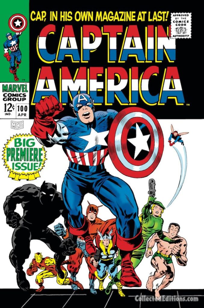 Captain America #100 cover; pencils, Jack Kirby; inks, Joe Sinnott, Syd Shores; Captain America, Black Panther, Giant-Man, Hank Pym, Sharon Carter, Agent 13, Iron Man, Sub-Mariner, Namor, Wasp, Thor