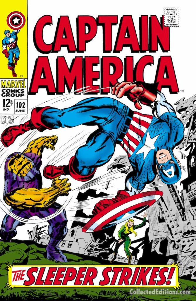 Captain America #102 cover; pencils, Jack Kirby; inks, Syd Shores; The Sleeper Strikes, Sharon Carter, Agent 13