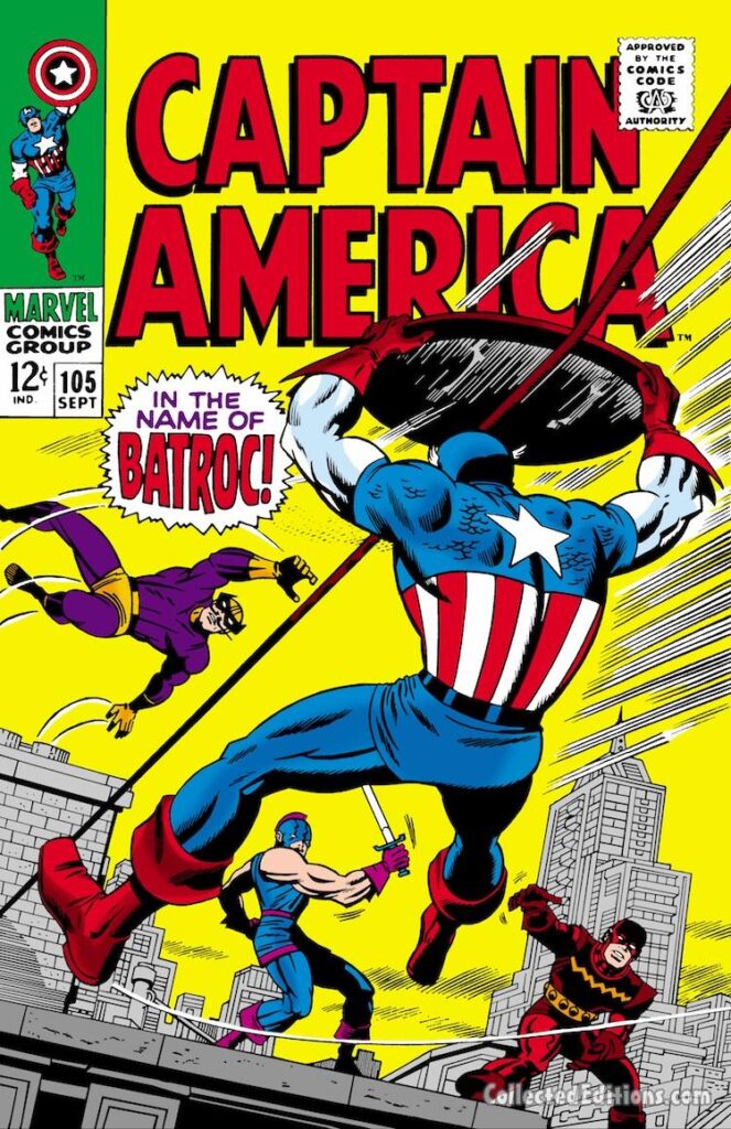 Captain America #105 cover; pencils, Jack Kirby; inks, Dan Adkins; alterations, John Romita Sr.; In the Name of Batroc, Swordsman, Living Lightning