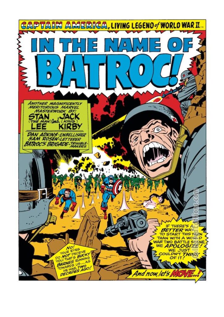Captain America #105, pg. 1; pencils, Jack Kirby; inks, Dan Adkins In the Name of Batroc splash page, Bucky Barnes