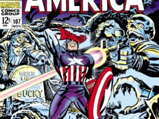 Captain America #107 cover; pencils, Jack Kirby; inks, Frank Giacoia; Here Lies Bucky Barnes