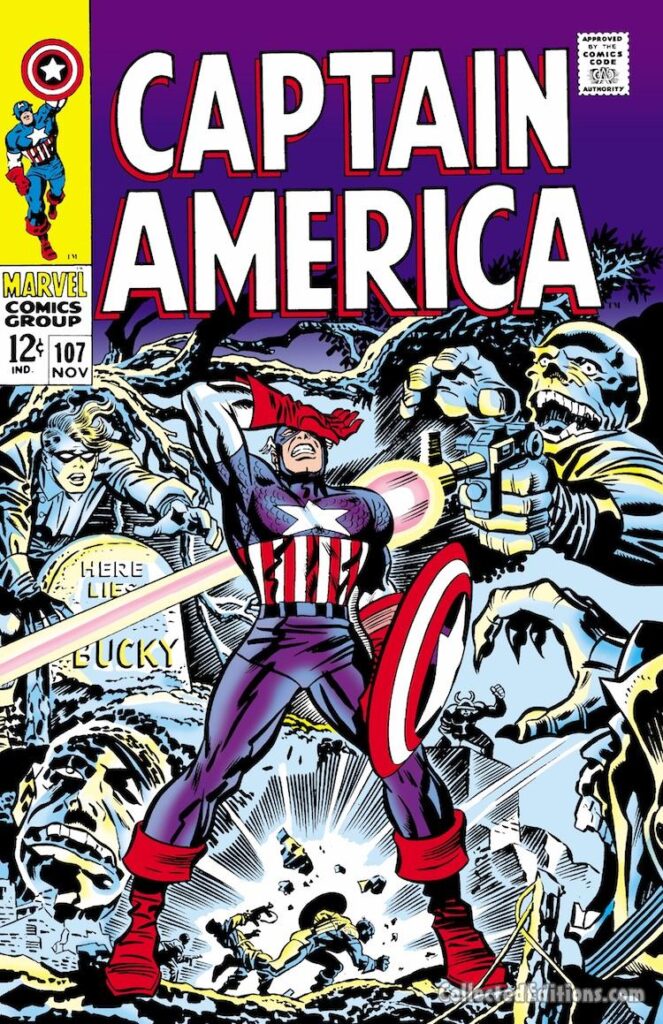 Captain America #107 cover; pencils, Jack Kirby; inks, Frank Giacoia; Here Lies Bucky Barnes