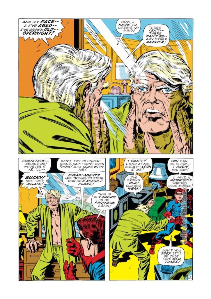 Captain America #107, pg. 16; pencils, Jack Kirby; inks, Syd Shores; Old Man Steve Rogers, Bucky Barnes, Rick Jones
