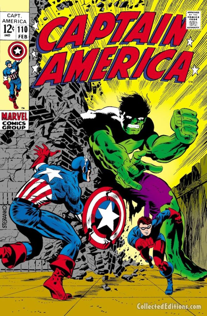 Captain America #110 cover; pencils and inks, Jim Steranko; Incredible Hulk, Bucky Barnes, Rick Jones
