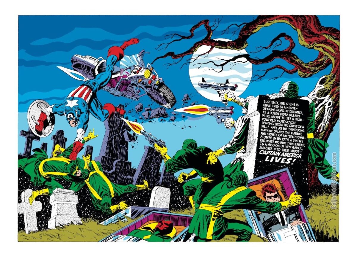 Captain America #113, pgs. 12-13;  Jim Steranko; inks, Tom Palmer; Steve Rogers motorcycle