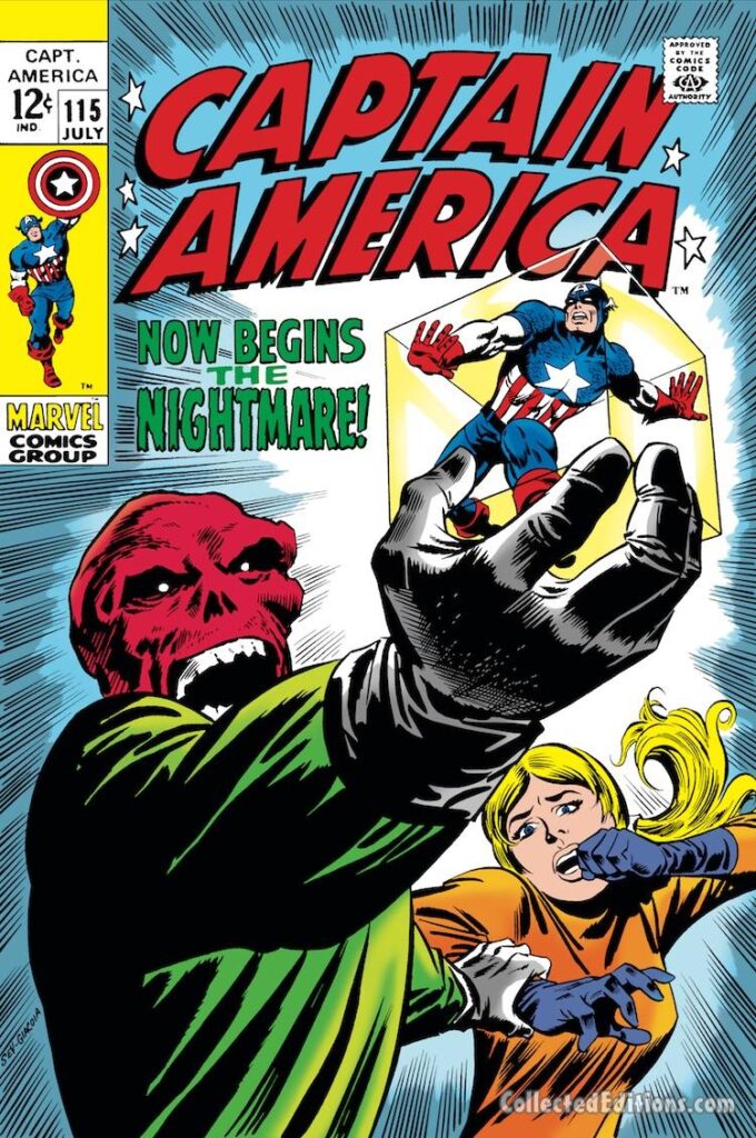 Captain America #115 cover; pencils, Marie Severin; inks, Frank Giacoia; Now Begins the Nightmare, Sharon Carter, Agent 13, Red Skull, Cosmic Cube