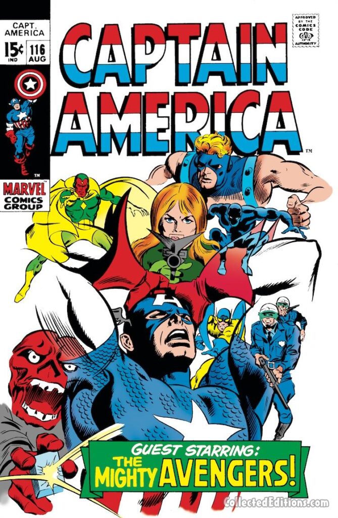 Captain America #116 cover; pencils, Gene Colan; inks, Joe Sinnott; Guest-starring the Avengers
