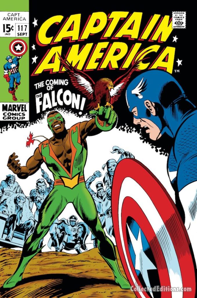 Captain America #117 cover; pencils, Gene Colan; inks, Joe Sinnott; alterations, John Romita Sr.; first appearance of the Falcon and Redwing, Sam Wilson
