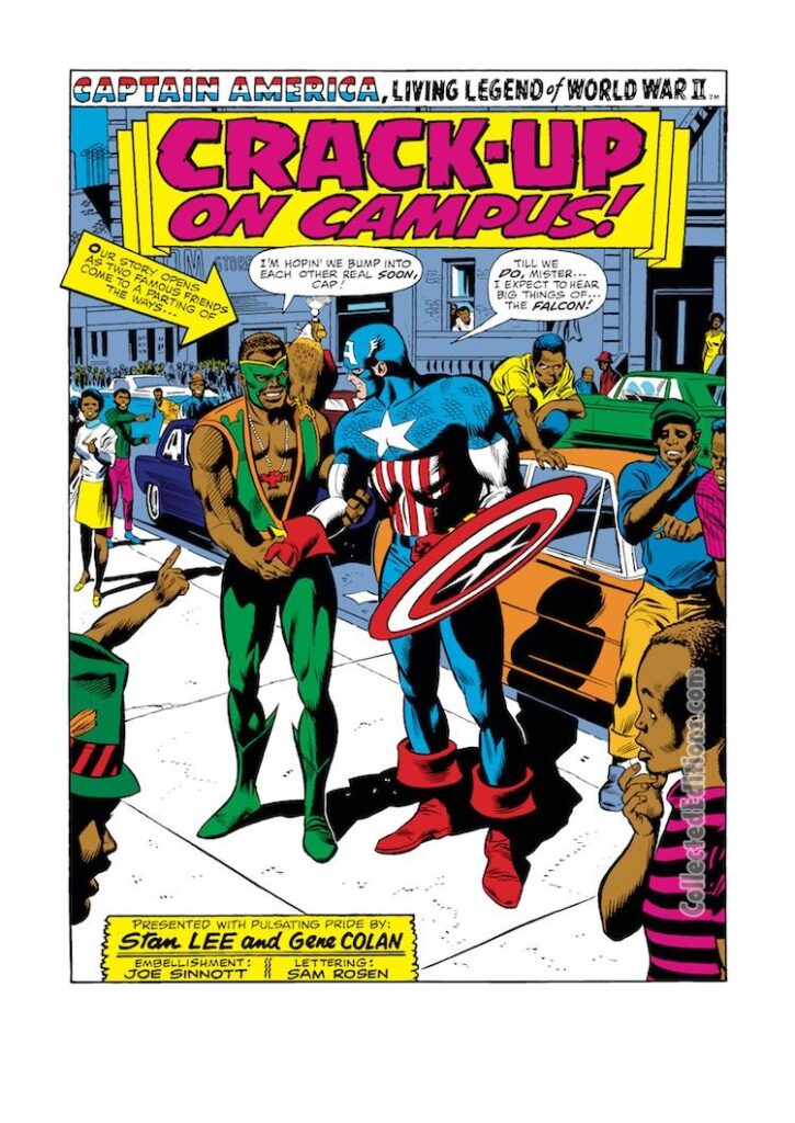 Captain America #120, pg. 1; pencils, Gene Colan; inks, Joe Sinnott; Crack-Up On Campus; Stan Lee, splash page, Falcon, Redwing