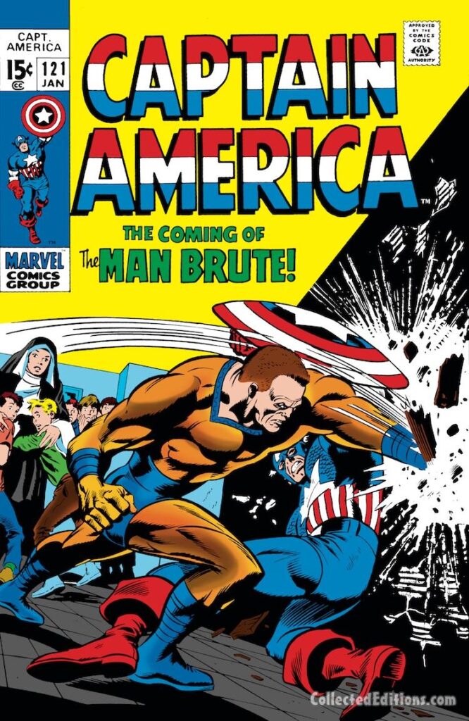 Captain America #121 cover; pencils, Gene Colan; inks, Joe Sinnott; The Coming of Man-Brute