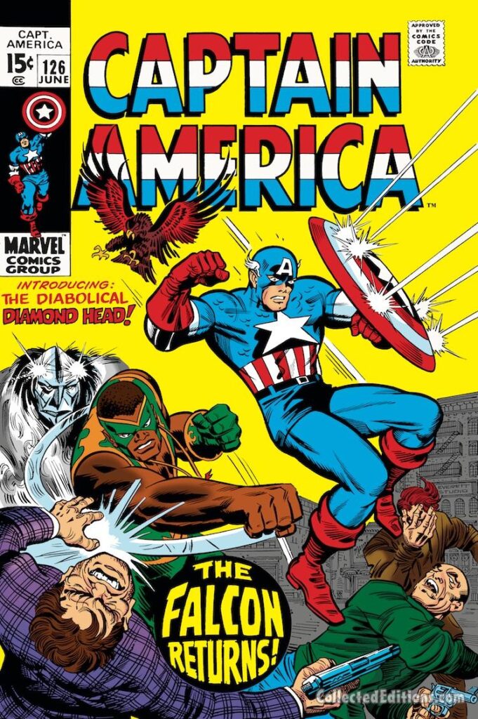 Captain America #126 cover; pencils, Jack Kirby; inks, Bill Everett; alterations, Marie Severin, John Romita Sr.; The Falcon