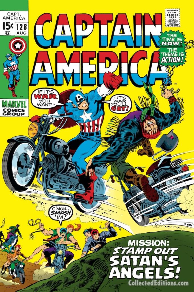 Captain America #128 cover; pencils, Marie Severin; inks, Joe Sinnott; Satan&#039;s Angels, motorcycle