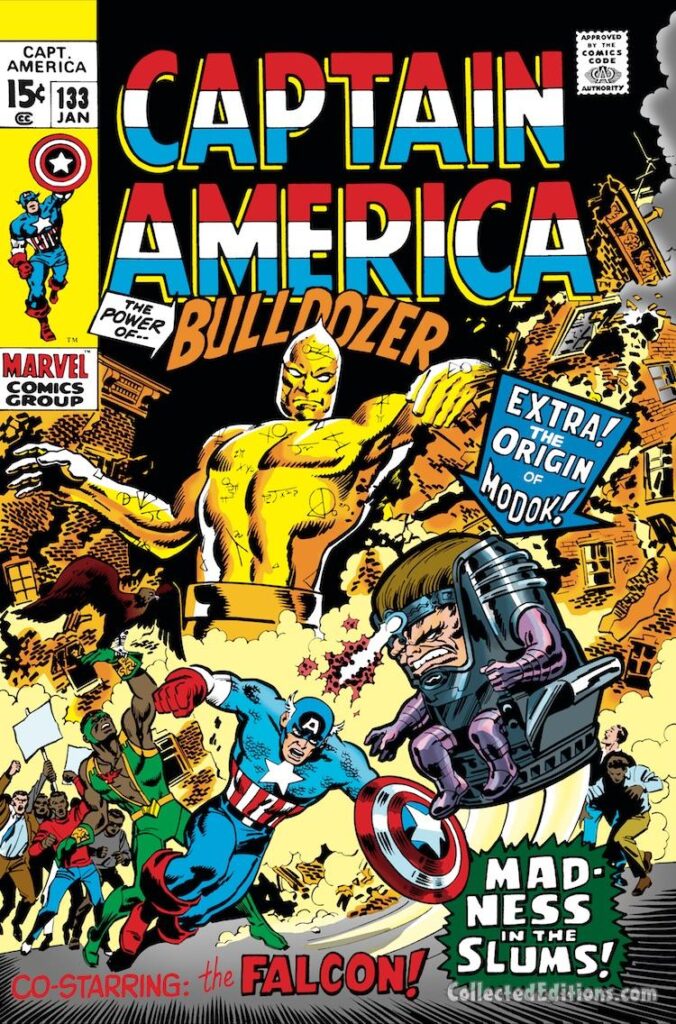 Captain America #133 cover; pencils, Marie Severin; inks, Sal Buscema; The Origin of Modok, Falcon, Madness in the Slums, Bulldozer