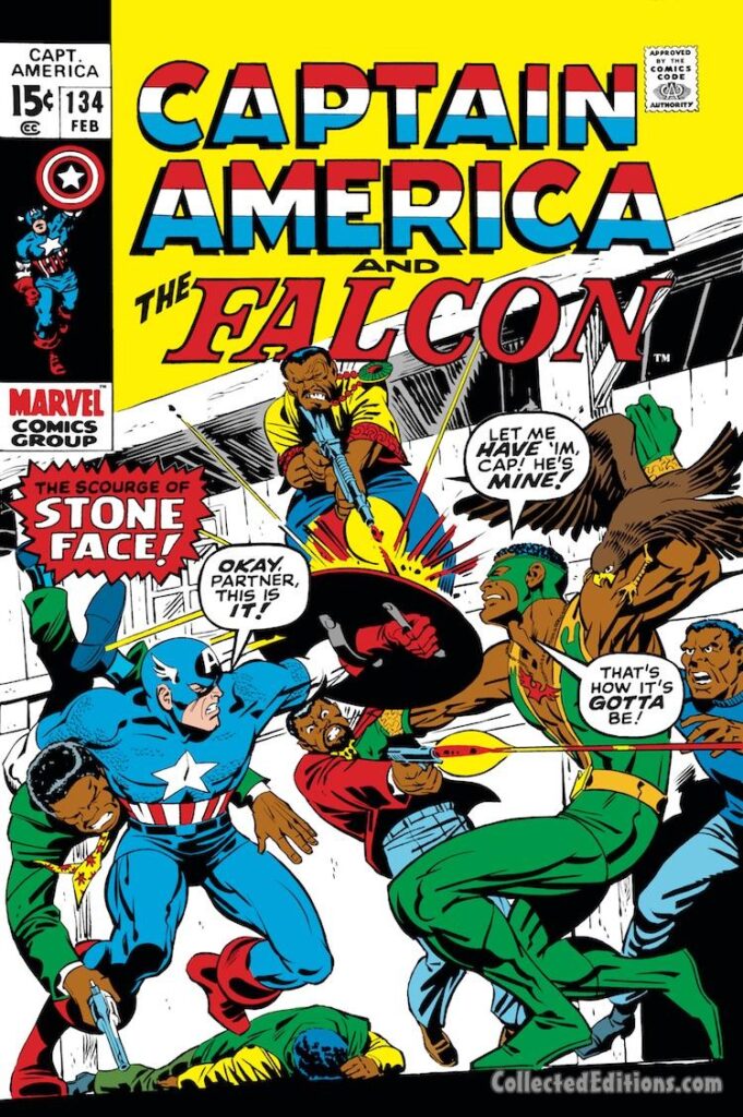 Captain America #134 cover; pencils, Marie Severin; inks, Herb Trimpe; alterations, John Romita Sr.; Stone Face, Falcon