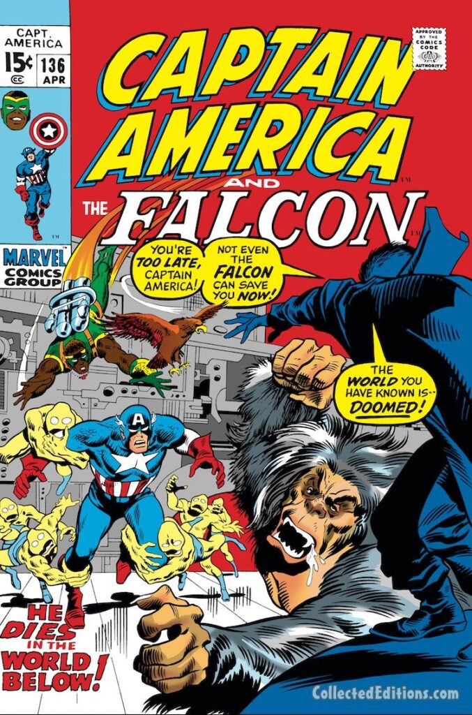 Captain America #136 cover; pencils, John Buscema; inks, John Verpoorten; Falcon, Mole Man