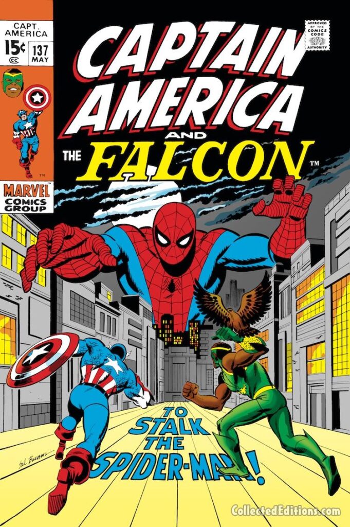 Captain America #137 cover; pencils and inks, Sal Buscema; Spider-Man, Falcon, Redwing