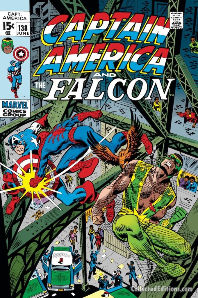 Captain America #138 cover; pencils and inks, John Romita Sr.; Falcon, Spider-Man, Redwing
