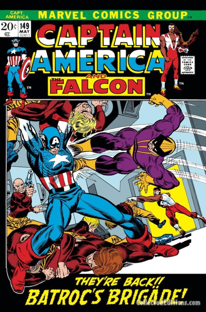 Captain America #149 cover; pencils, Gil Kane; inks, Frank Giacoia; Falcon, Batroc's Brigade