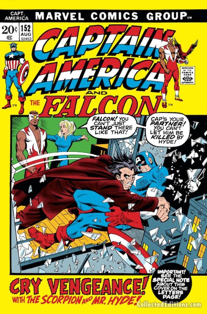 Captain America #152 cover; pencils, Sal Buscema; inks, Vince Colletta; Mr. Hyde, Falcon, Cry Vengeance