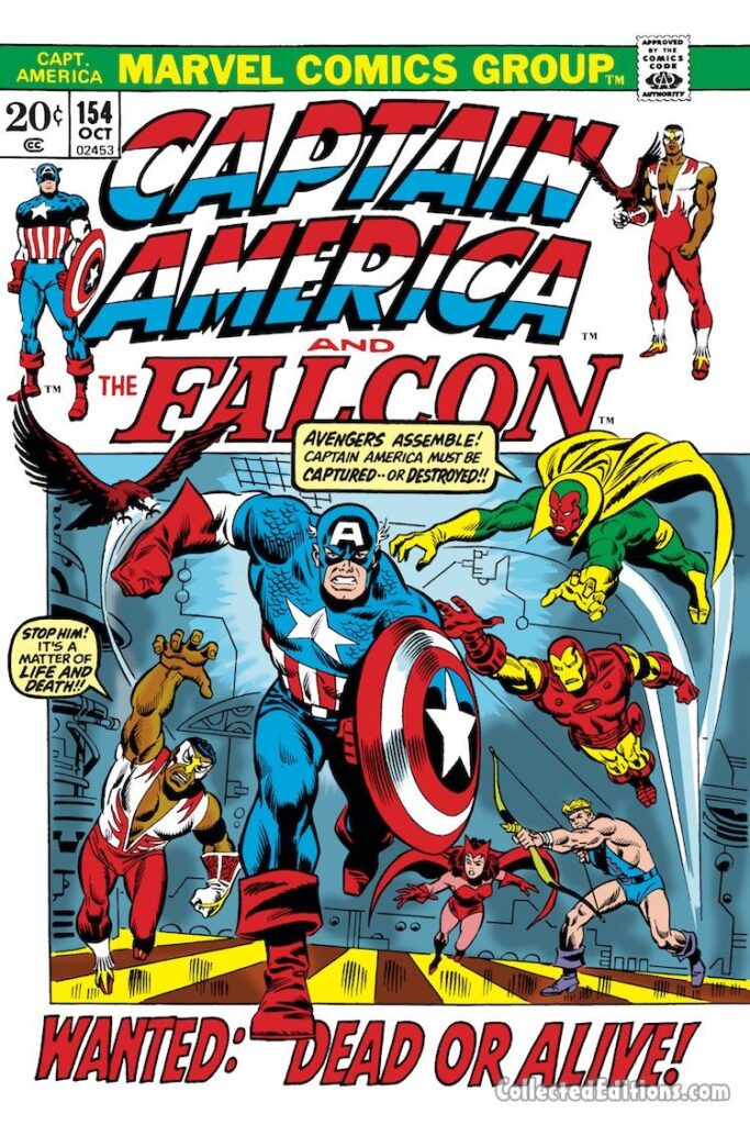 Captain America #154 cover; pencils, Sal Buscema; inks, Frank Giacoia; Vision, Hawkeye, Scarlet Witch, Iron Man, Avengers, Falcon, Redwing, Wanted Dead or Alive